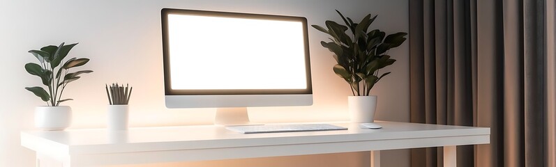 Aufkleber - Modern workspace featuring a computer with plants and a minimalistic design.