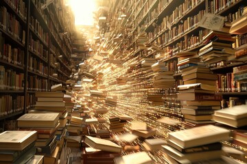 Poster - An enchanting library scene with books flying amidst streaks of golden light, representing knowledge and imagination, framed by towering bookshelves in a vibrant composition.