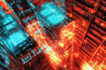Poster - Futuristic cityscape with glowing neon structures and digital interfaces, showcasing advanced technology and a network of interconnected systems in red and blue hues.