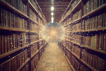 Poster - Digital Knowledge Hub: A library scene with a glowing data sphere, connecting books to the future, symbolizing the power of information and digital learning.