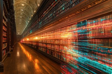 Poster - Elegant library with rows of books overlaid with vibrant digital streams, merging the classic world of knowledge with modern data technology, and future innovations.