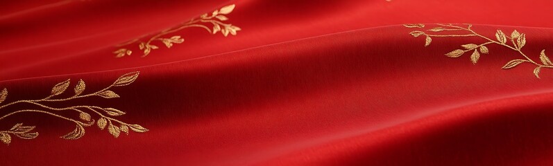 Poster - Rich red fabric with delicate golden embroidery, creating an elegant texture.