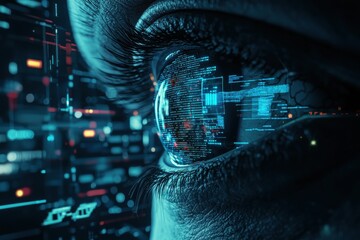 Poster - A mesmerizing close-up of a human eye reflecting complex digital code and data streams, illustrating technological advancement and the future of human-computer interface.