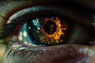 Poster - A captivating close-up of a human eye reflecting digital code patterns, depicting the intersection of technology and humanity, showing future concepts.