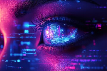 Poster - A futuristic and vibrant close-up of a human eye reflecting glowing digital patterns, showcasing the integration of technology and the human body, with a cyberpunk aesthetic.