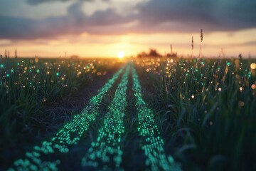 Poster - A serene sunset over a field with digital pathways, symbolizing the integration of agriculture and technology, fostering sustainable innovation for the future.