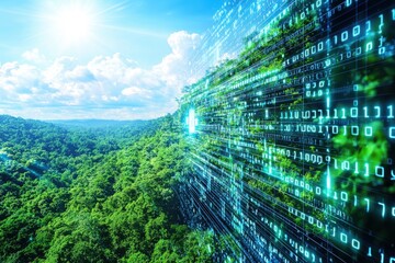 Poster - A vibrant green forest landscape merging with digital binary code, symbolizing the intersection of nature and technology, a concept of digital nature.