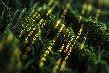 Poster - Abstract digital landscape featuring glowing code embedded within lush green moss, illustrating the fusion of nature and technology in a surreal and artistic composition.