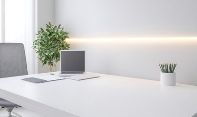 Poster - Modern minimalist workspace with a desk, computer, and indoor plants.
