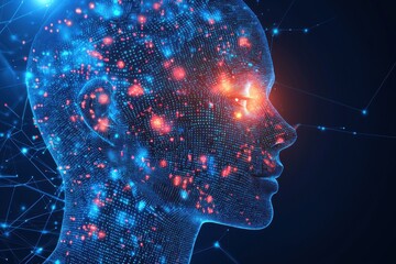 Poster - Digital human head with glowing network, symbolizing artificial intelligence and futuristic technology concept, showcasing innovation and connectivity with vivid blue and red accents.