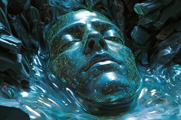 Poster - An immersive close-up of a glowing digital face emerging from liquid metal, symbolizing artificial intelligence, advanced technology, and the fusion of humanity and machine.