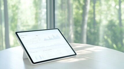 Fototapete - Modern tablet on a table with a serene outdoor view in the background.