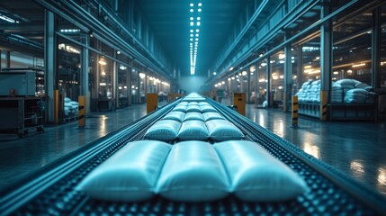 Fototapete - A streamlined production line in a petrochemical refinery focuses on the automated packaging of chemical products. Bright lights illuminate the factory, showcasing efficient synthesis processes.