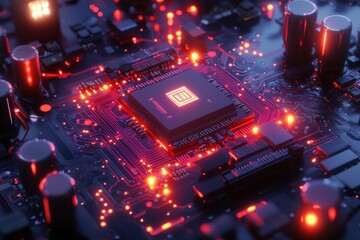 Poster - Illuminated computer circuit board with glowing red lights highlighting the intricate network of connections and central processor unit, indicating advanced technology.