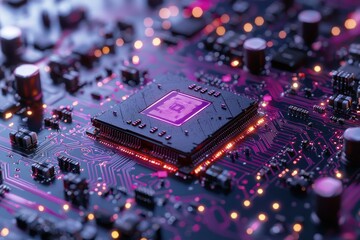 Poster - Detailed shot of a modern CPU on a complex circuit board with pink glowing pathways, representing advanced computer technology and the heart of digital processing power.
