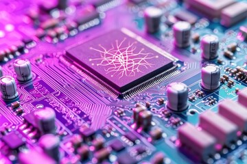 Poster - A vibrant computer circuit board with a central processor, illuminated with pink and blue lights, showcasing advanced technology and intricate electronic components.