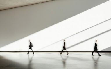Poster - Three Figures Walking in Sunlit Minimalist Interior