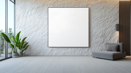 Poster - Minimalist interior with a blank canvas, plant, and modern furnishings.