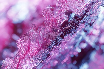 Poster - A macro shot of an intricate circuit board with vibrant pink and blue hues, showcasing its complex network of electronic components and pathways, creating an abstract technological design.