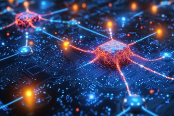 Poster - a captivating close-up of a futuristic circuit board with glowing nodes and interconnected pathways,