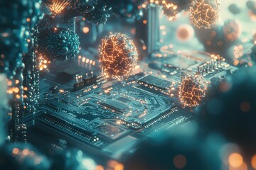 Poster - a futuristic rendering of a glowing circuit board with interconnected nodes, representing artificial