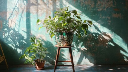 Poster - A small potted plant sits on a stool next to a green wall, great for use in home decor or office settings