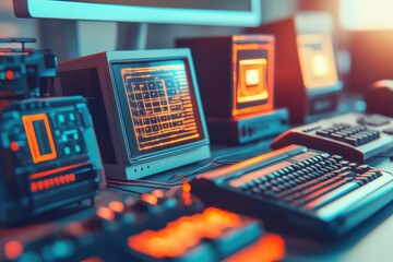 Retro computer workstation with glowing orange screens, keyboards, and equipment, evoking a vintage tech and science fiction atmosphere of digital technology.