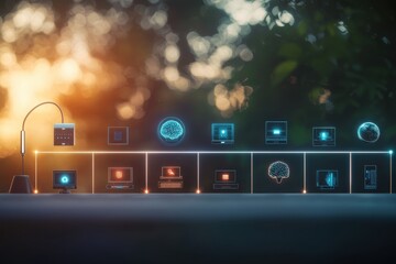 Poster - Abstract depiction of technological evolution with interconnected digital displays, showcasing the transition of data through various digital interfaces and devices, highlighting the progress.