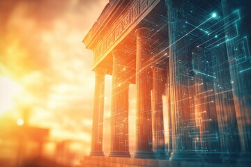 Poster - A digital rendering of a historic building with glowing, futuristic circuit patterns overlayed upon it, creating an ethereal and technologically advanced atmosphere.
