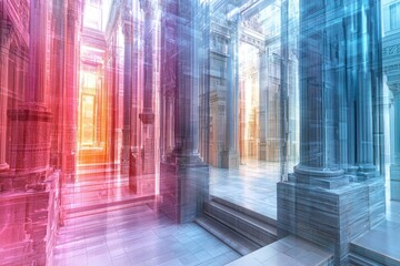 Poster - A captivating abstract architectural view with columns bathed in red and blue light, creating a dreamy, ethereal atmosphere with unique perspective and vibrant colors.