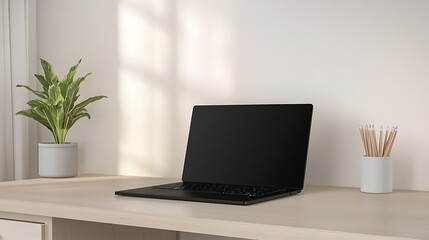 Poster - Minimalist workspace featuring a laptop, potted plant, and stationery on a clean desk.