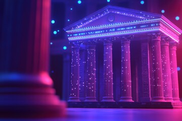 Poster - A futuristic depiction of an ancient Greek temple bathed in vibrant neon lights, creating a stunning and surreal architectural scene with glowing details.