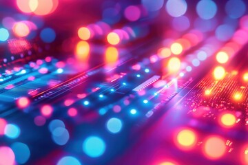 Poster - An abstract close-up of a circuit board with vibrant bokeh lights, creating a mesmerizing and colorful technological background with depth of field.