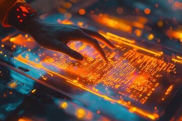 Poster - Human hand interacts with a glowing digital screen displaying complex code and circuit patterns, symbolizing advanced technology, AI, and data analysis innovation.