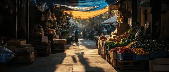 Poster - A bustling market filled with colorful fruits and vegetables