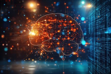 Poster - a futuristic depiction of a human brain with glowing neural connections against a digital matrix bac