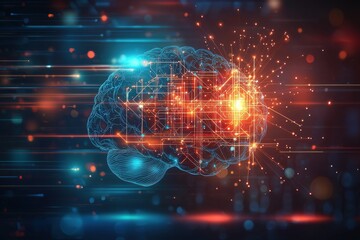 Poster - A futuristic brain illustration with glowing connections, symbolizing artificial intelligence, machine learning, data processing, and advanced cognitive functions.