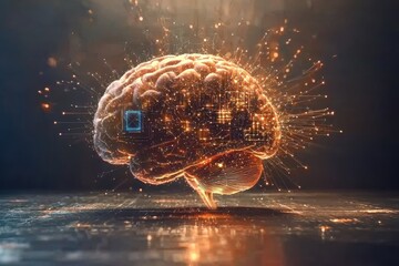 Poster - a glowing human brain with circuitry and a processor, representing artificial intelligence and the c