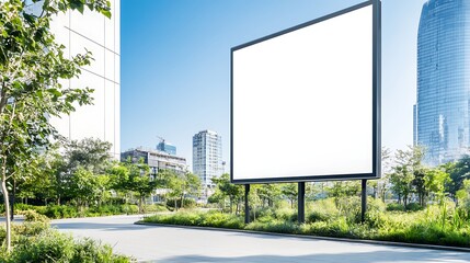 Poster - Empty billboard in a green urban setting with modern buildings in the background.
