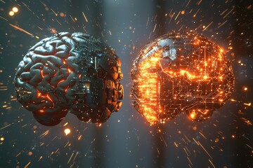 Poster - two ai brains, one mechanical and the other illuminated with circuits, facing each other in a dynami