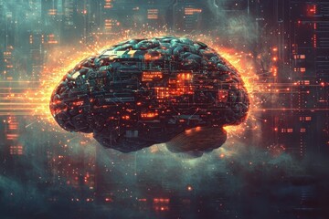 Poster - conceptual image of an ai brain with intricate circuits and digital connections, glowing against a h