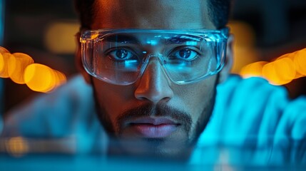 Aufkleber - An engineer in protective eyewear closely inspects materials within a manufacturing facility.
