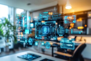 Poster - Futuristic office space with holographic user interface displaying data analytics and digital information for business and technology advancements, revolutionizing workplace dynamics.