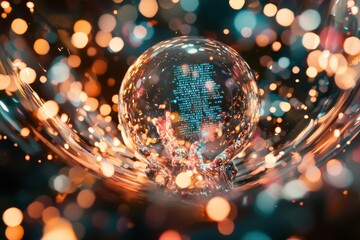 Poster - A mesmerizing crystal ball containing digital code held by glass hands, surrounded by bokeh lights, symbolizing data science and advanced technology concepts.