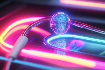 Poster - A futuristic neon abstract background with a reflective sphere, showing glowing lines and modern shapes, perfect for hi-tech and contemporary themes.