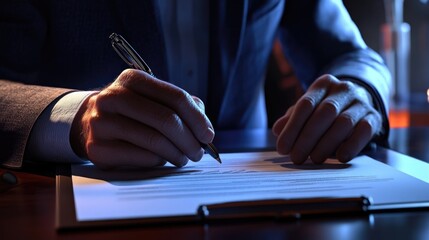 Aufkleber - A businessman signs a document with a pen, a formal agreement or contract