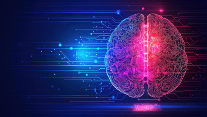 Poster - A vibrant digital illustration of the human brain, divided into colorful segments, connected to an intricate technological network, symbolizing artificial intelligence.
