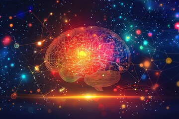 Poster - a vibrant and intricate representation of the human brain, interconnected by a complex network of co