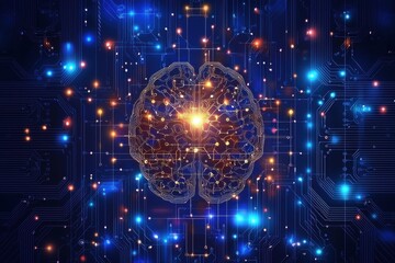 Poster - An intricate illustration of a digital brain on a circuit board, glowing with artificial intelligence, symbolizing advanced technology and innovation.