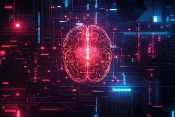 Poster - Artificial Intelligence Brain Connections and Data Processing with Futuristic Technology in a Digital Realm, Representing Machine Learning and Neural Networks.
